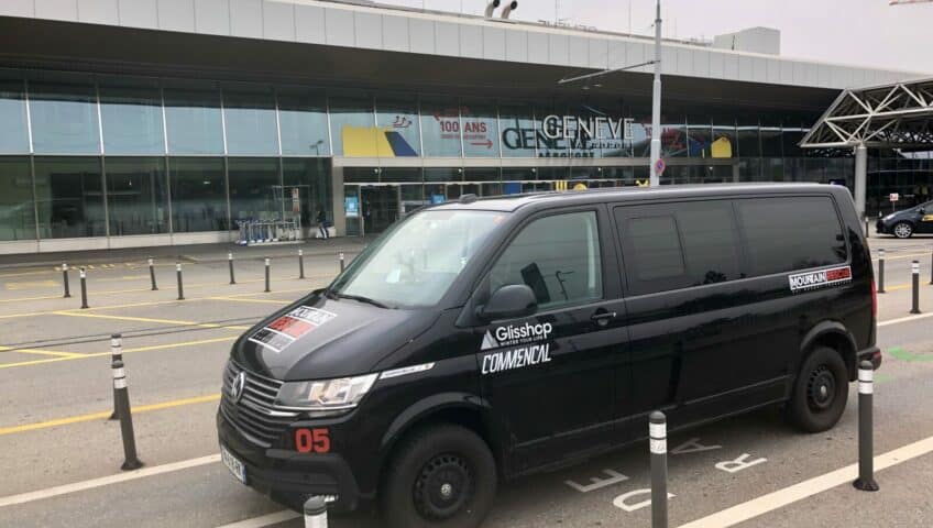 Volkswagen rescue vehicle at Geneva Airport for mountain rescue transfers.