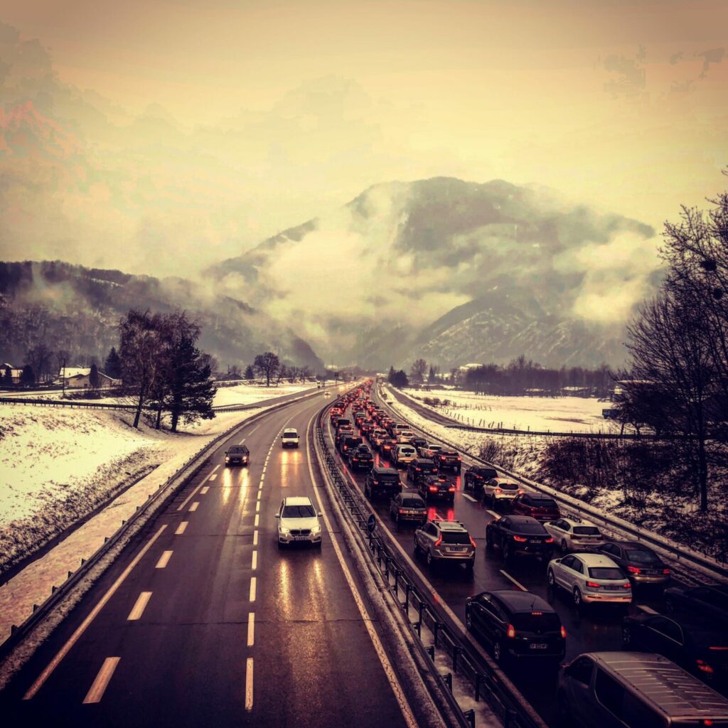 Saturday traffic driving to the French Alps in winter