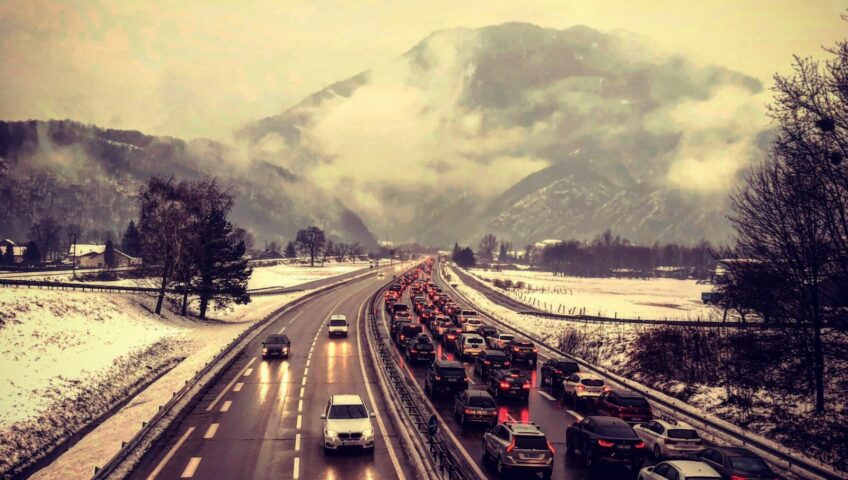 Saturday traffic driving to the French Alps in winter