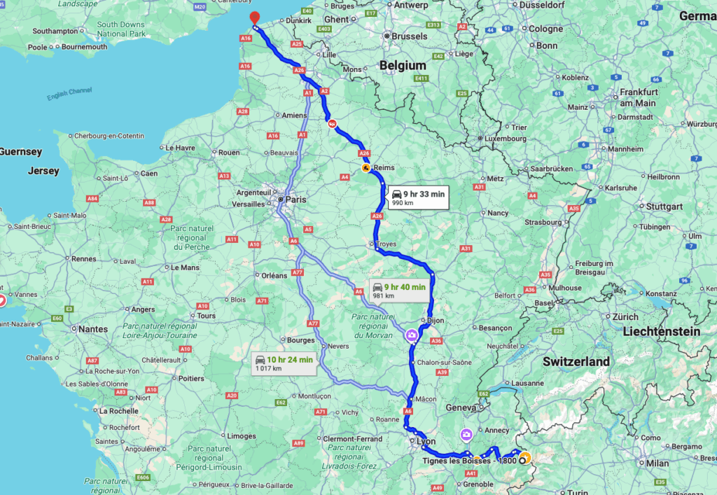 Google maps route from Calais to Tignes ski resort